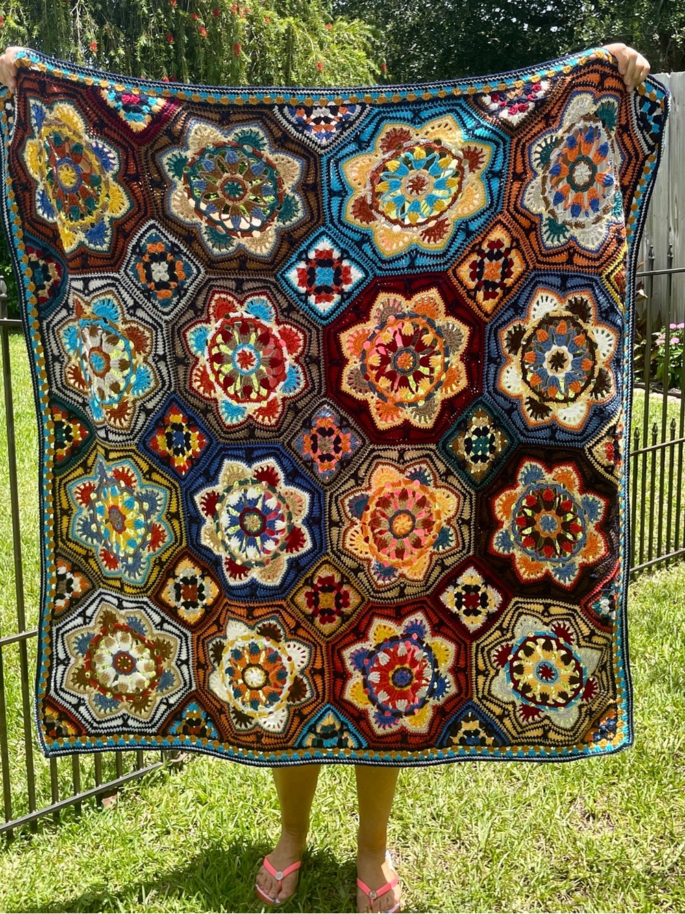 Crochet Throw Blanket, Multicolor, Persian Tile Style, Acrylic, 50” x 50”